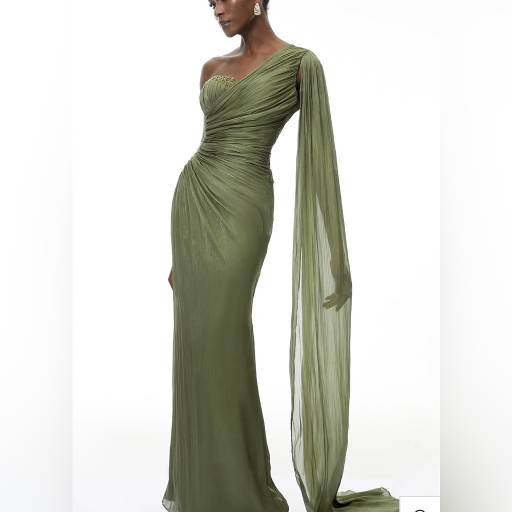 Brand New. Never been worn. Olive Green Draped Beaded Evening Dress